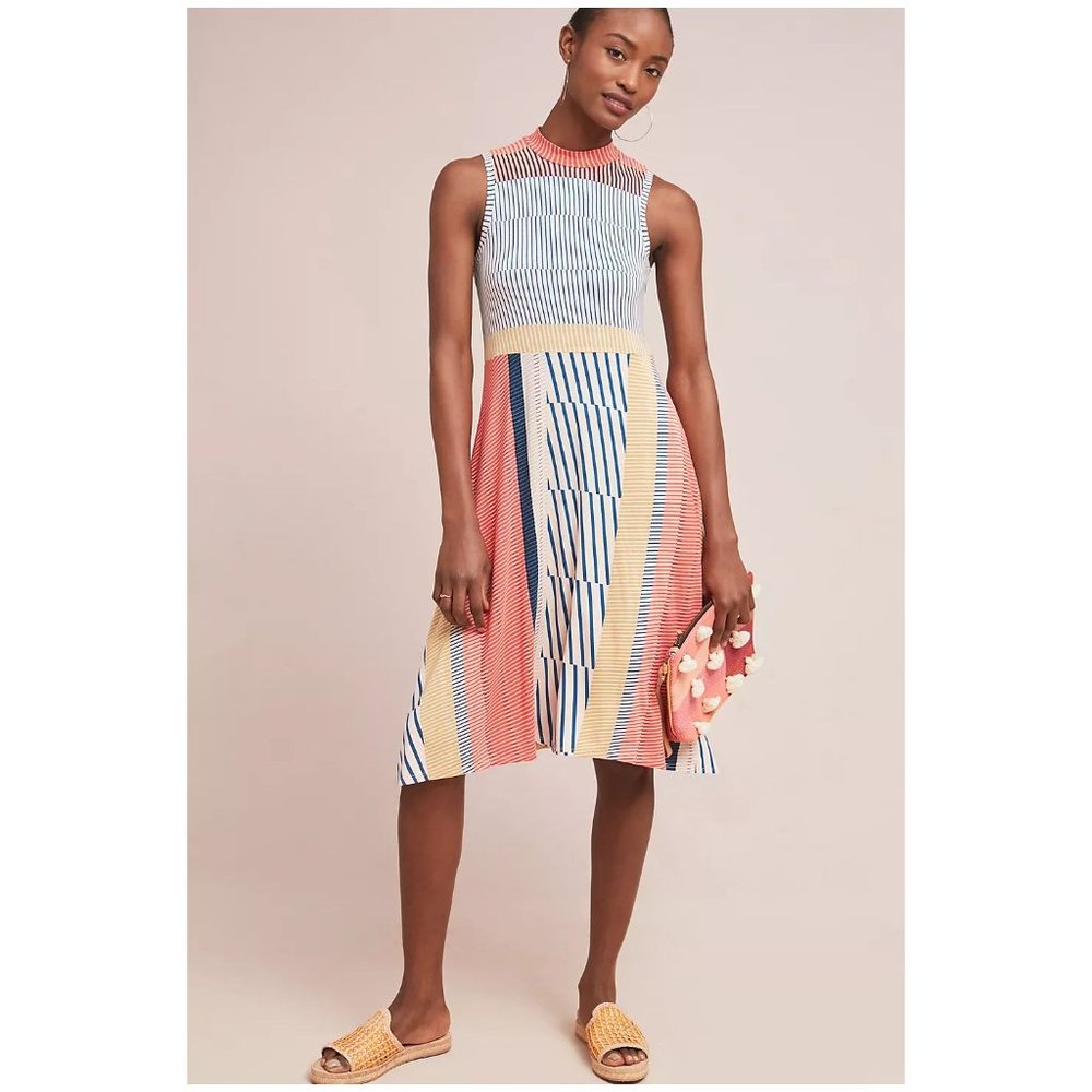 MAEVE Anthropologie Cleary Dress sz M Womens Mock Neck Striped Sleeveless Casual